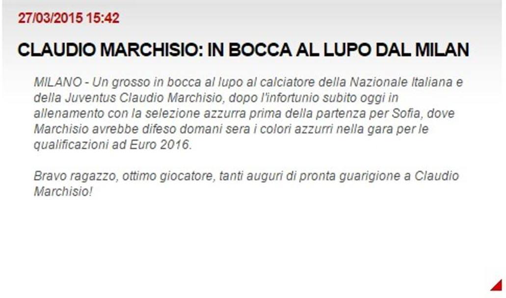 Anche il Milan, con un comunicato ufficiale sul sito, augura una pronta guarigione a Marchisio